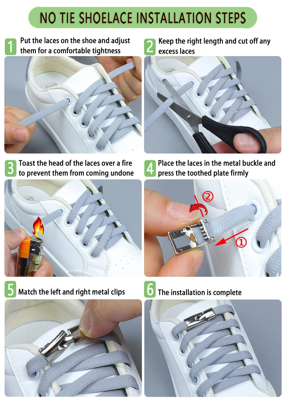 (2 pairs) Elastic No Tie Shoelaces，rubber laces, press-on metal bite lock, non-knotted laces, for men, women and children White
