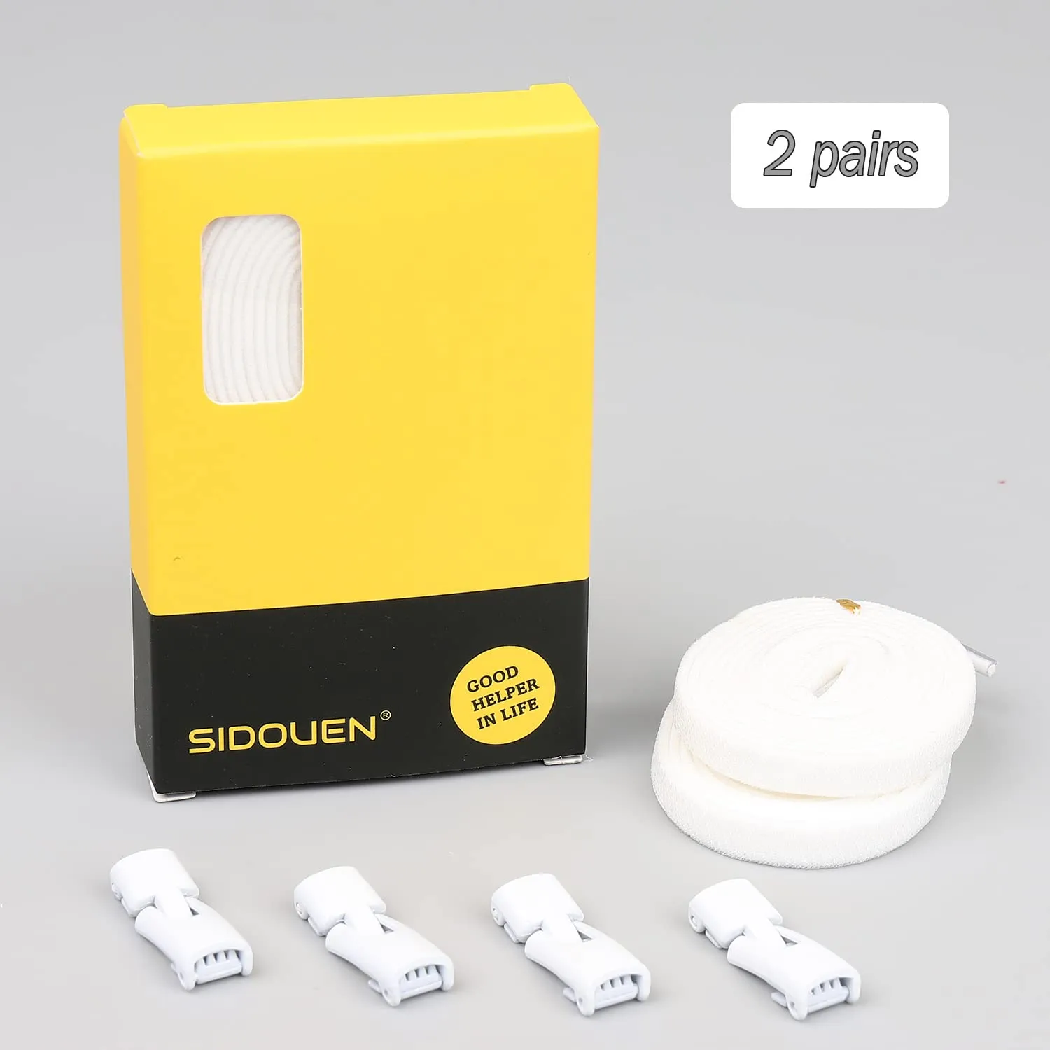 (2 pairs) Elastic No Tie Shoelaces，rubber laces, press-on metal bite lock, non-knotted laces, for men, women and children White