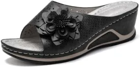 3D Floral Cutout Women's Leather Soft Insole Orthopedic Arch Support Sandals, Retro Bohemian Wedge Slippers, Suede Moccasins.