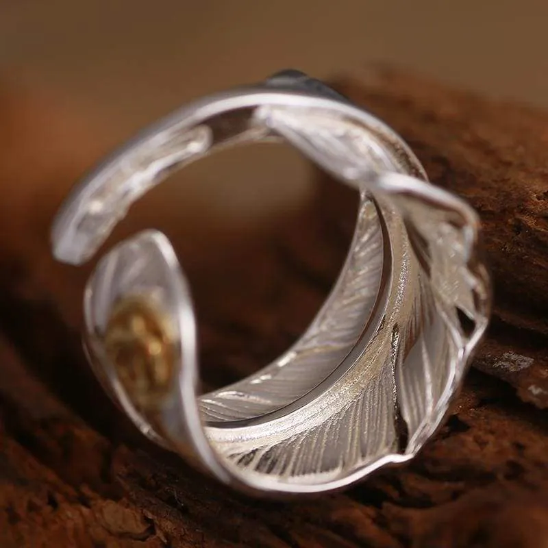925 Silver Vintage Adjustable Feather Men Ring Female Punk Rock Biker Gold Eagle Rings For Women Sterling Silver Jewelry (Resizable)