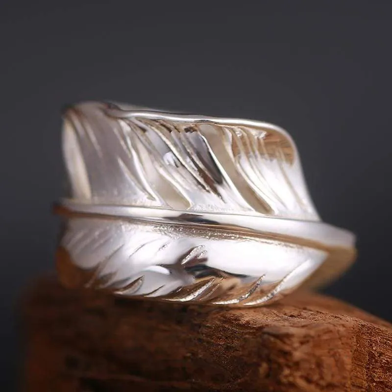 925 Silver Vintage Adjustable Feather Men Ring Female Punk Rock Biker Gold Eagle Rings For Women Sterling Silver Jewelry (Resizable)