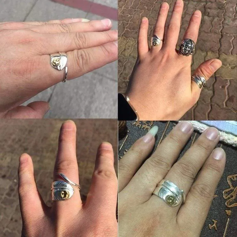 925 Silver Vintage Adjustable Feather Men Ring Female Punk Rock Biker Gold Eagle Rings For Women Sterling Silver Jewelry (Resizable)