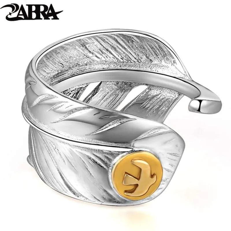 925 Silver Vintage Adjustable Feather Men Ring Female Punk Rock Biker Gold Eagle Rings For Women Sterling Silver Jewelry (Resizable)