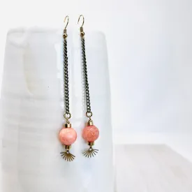 Brass Chain Dangle Earring with Peach - Orange Jade Gemstone and Sun Ray Accent
