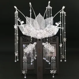 Chinese Wei Jin Dynasty Style Earrings Maple Leaf Long Fringe Hair Crown Set