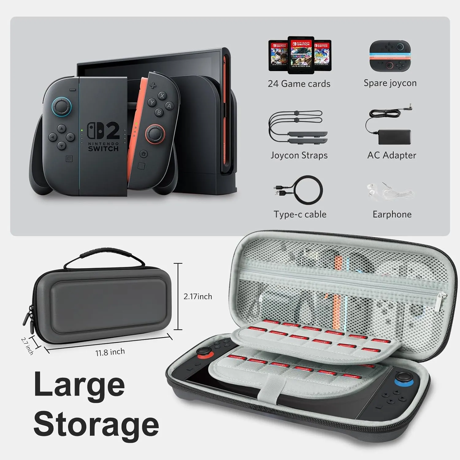 CoBak Large Capacity Carrying Case for Nintendo Switch 2 ( 2025 ) , Ultra Slim Premium EVA Travel Pouch with 24 Game Cartridges, Screen Protective Cover, Accessories Storage Bag, Gray