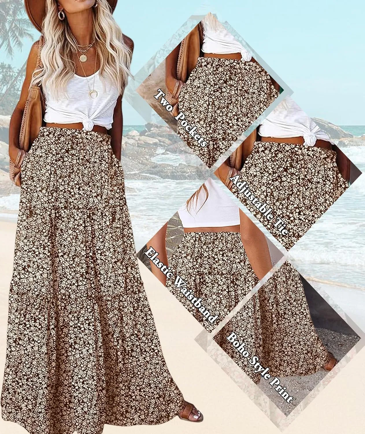 EARKOHA Womens Casual High Waist Tie Paisley Print Long Maxi Skirt with Pockets