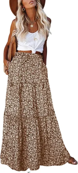 EARKOHA Womens Casual High Waist Tie Paisley Print Long Maxi Skirt with Pockets