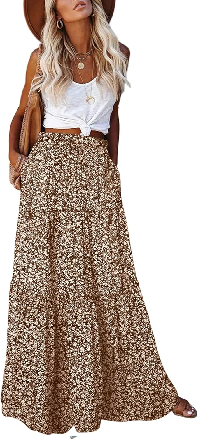 EARKOHA Womens Casual High Waist Tie Paisley Print Long Maxi Skirt with Pockets