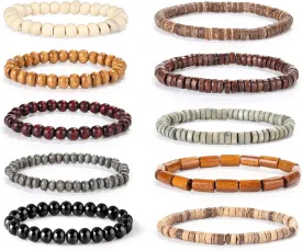FIBO STEEL 10Pcs Wood Beaded Bracelet for Men Women Buddhist Beads Elastic