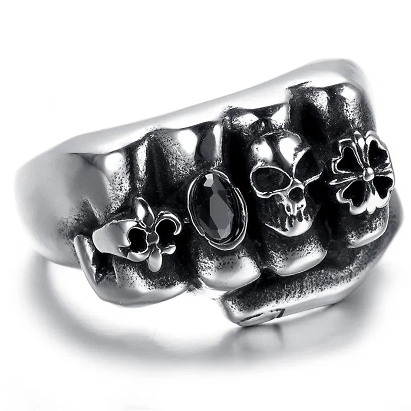 Flower Skull Men Ring Fashion Men Gothic Flower Skull Stainless Steel Biker Ring Titanium Anarchy Death Fist Skull Ring
