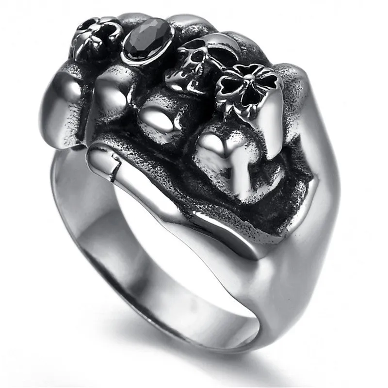 Flower Skull Men Ring Fashion Men Gothic Flower Skull Stainless Steel Biker Ring Titanium Anarchy Death Fist Skull Ring