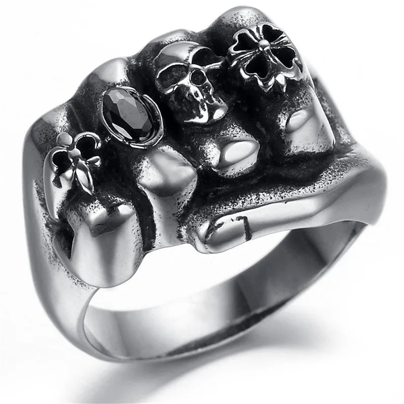 Flower Skull Men Ring Fashion Men Gothic Flower Skull Stainless Steel Biker Ring Titanium Anarchy Death Fist Skull Ring