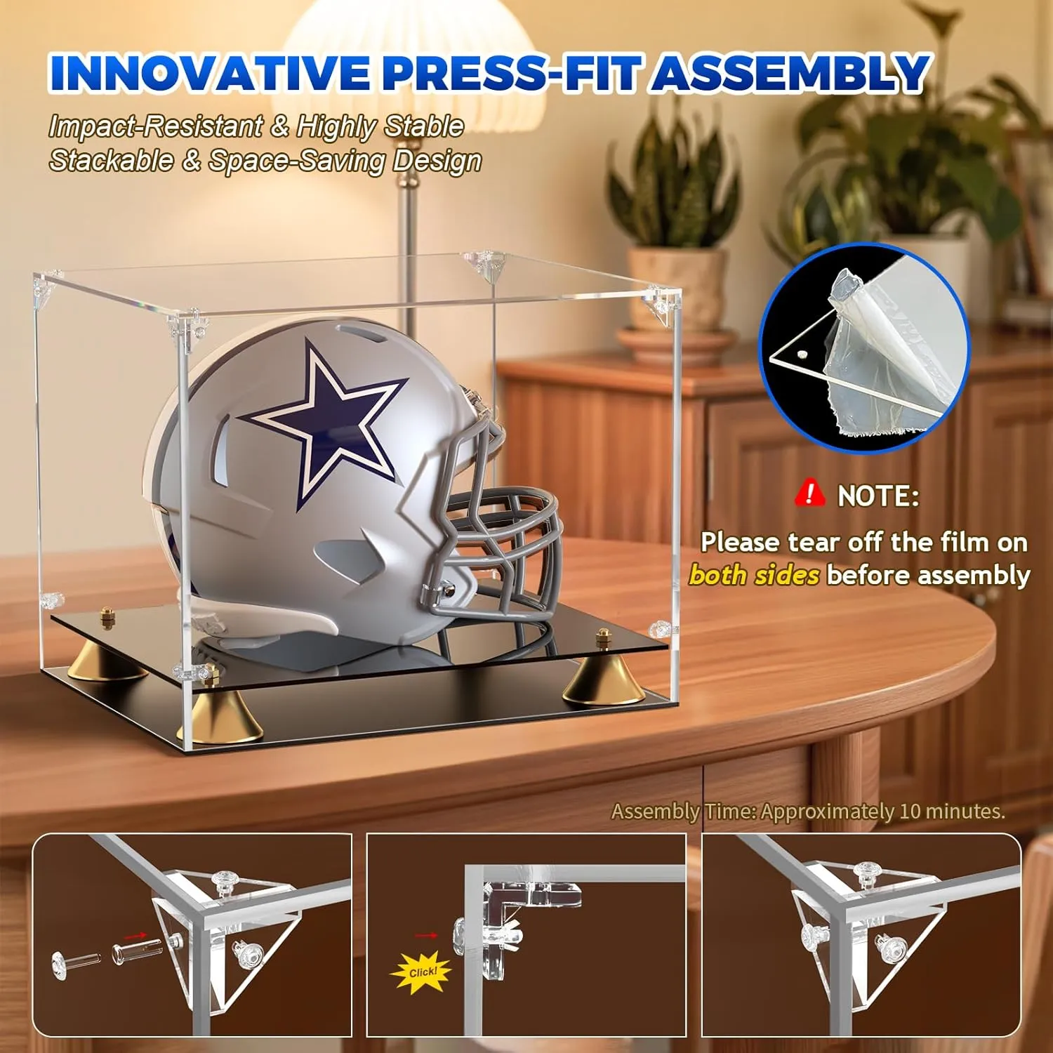 Football Helmet Display Case, Full Size Clear Acrylic Case Display for Football Baseball Motorcycle Helmet, Self-Assembly Showcase with Double Layer Base, Protector for Signed Memorabilia