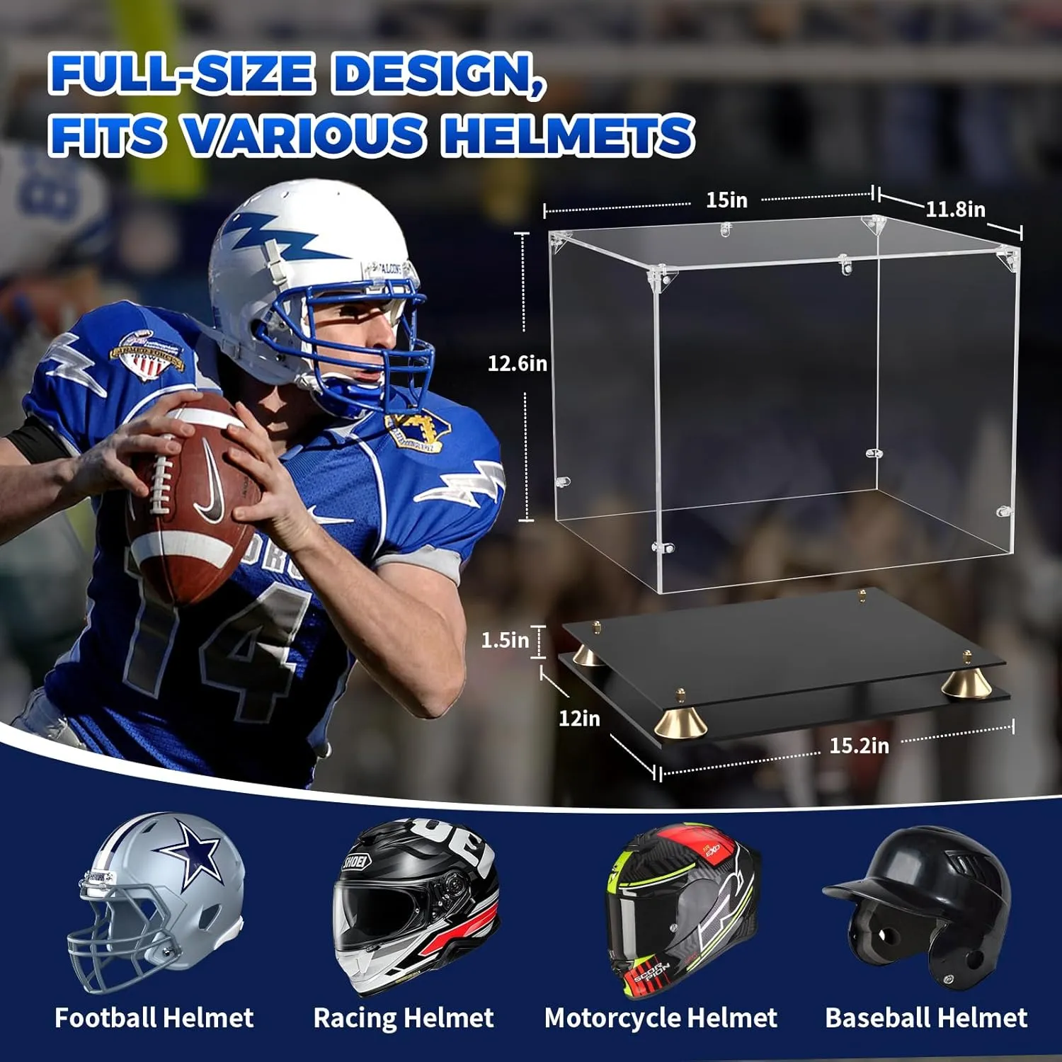 Football Helmet Display Case, Full Size Clear Acrylic Case Display for Football Baseball Motorcycle Helmet, Self-Assembly Showcase with Double Layer Base, Protector for Signed Memorabilia