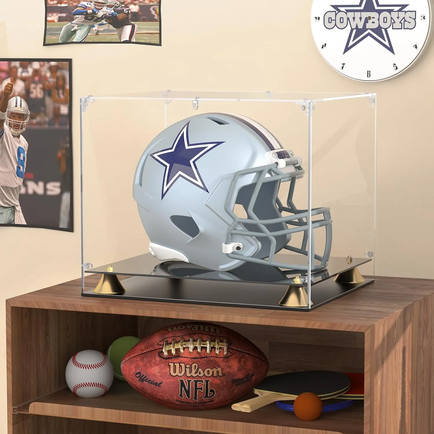 Football Helmet Display Case, Full Size Clear Acrylic Case Display for Football Baseball Motorcycle Helmet, Self-Assembly Showcase with Double Layer Base, Protector for Signed Memorabilia