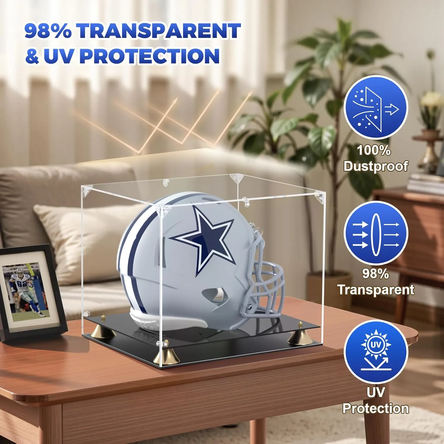 Football Helmet Display Case, Full Size Clear Acrylic Case Display for Football Baseball Motorcycle Helmet, Self-Assembly Showcase with Double Layer Base, Protector for Signed Memorabilia