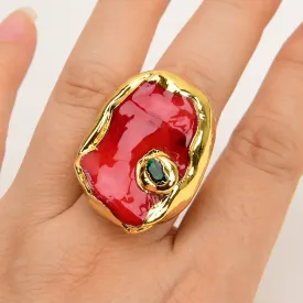 G-G Natural Red Coral Nugget Green Crystal CZ Pave Ring