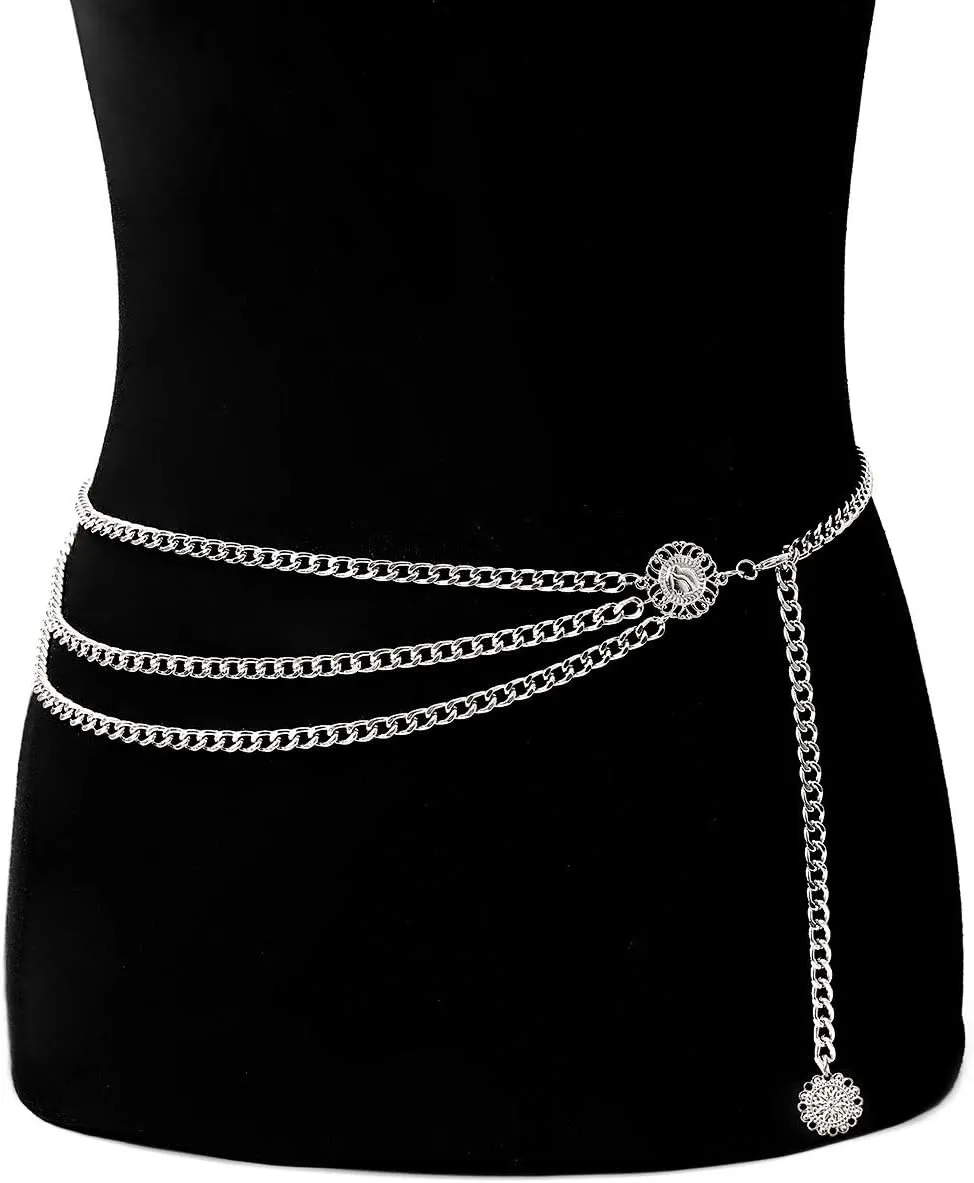 Glamorstar Multilayer Metal Waist Chain Dress Belts Metal Belt for Women