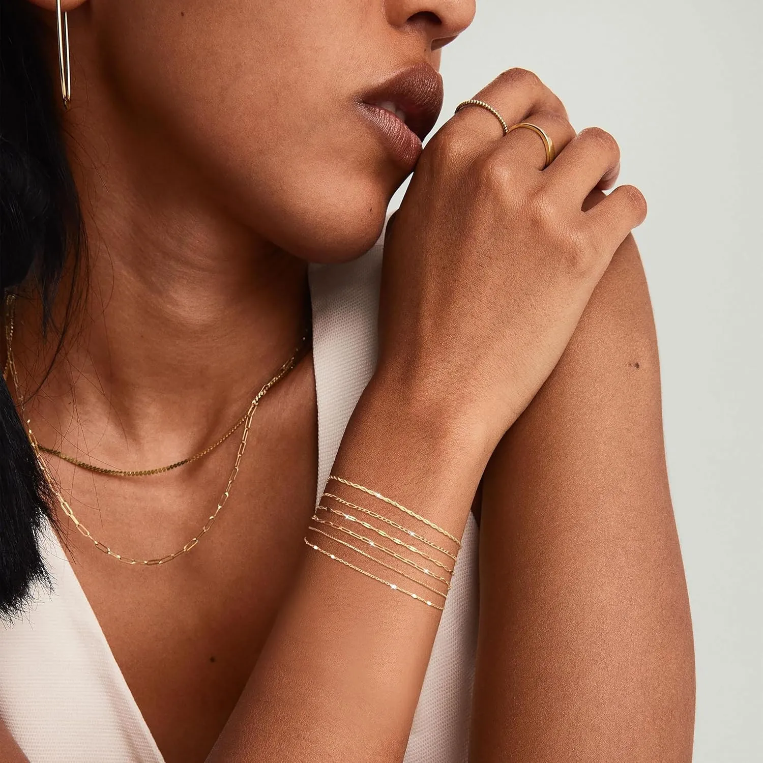 Gold Stack Bracelets for Women: Dainty Thin Bracelet Set Trendy 14K Gold Plated Waterproof Bracelets for Women Adjustable Tennis Beaded Figaro Rope Paperclip Box Link Bracelet Gold Jewelry