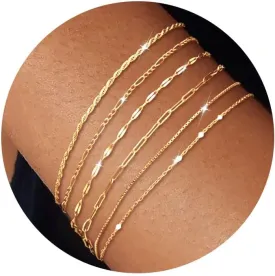 Gold Stack Bracelets for Women: Dainty Thin Bracelet Set Trendy 14K Gold Plated Waterproof Bracelets for Women Adjustable Tennis Beaded Figaro Rope Paperclip Box Link Bracelet Gold Jewelry
