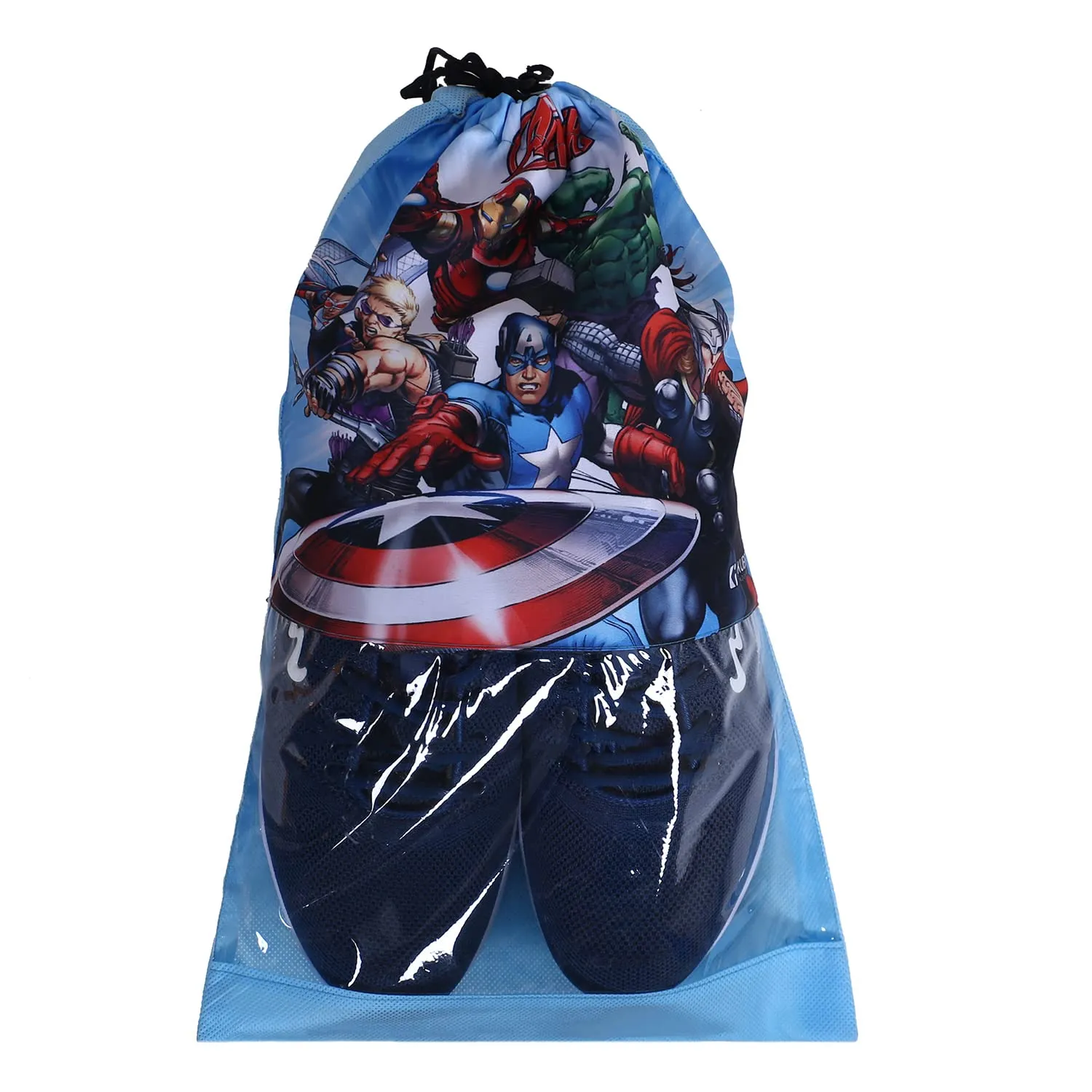 Heart Home Marvel Avengers Print Shoe Cover| Non-Woven Dust Proof Shoe Bag|Drawstring Sneakers Organizer & Transparent Front,Pack of 9 (Sky Blue)