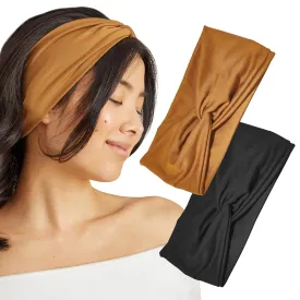 Kitsch Wide Headbands for Women - Fashion Sports Headband for Workout, Yoga, Gym, Running, Exercise | Stretchy Head Bands for Womens Hair | Hair Accessories for Women - Black and Camel, 2pcs