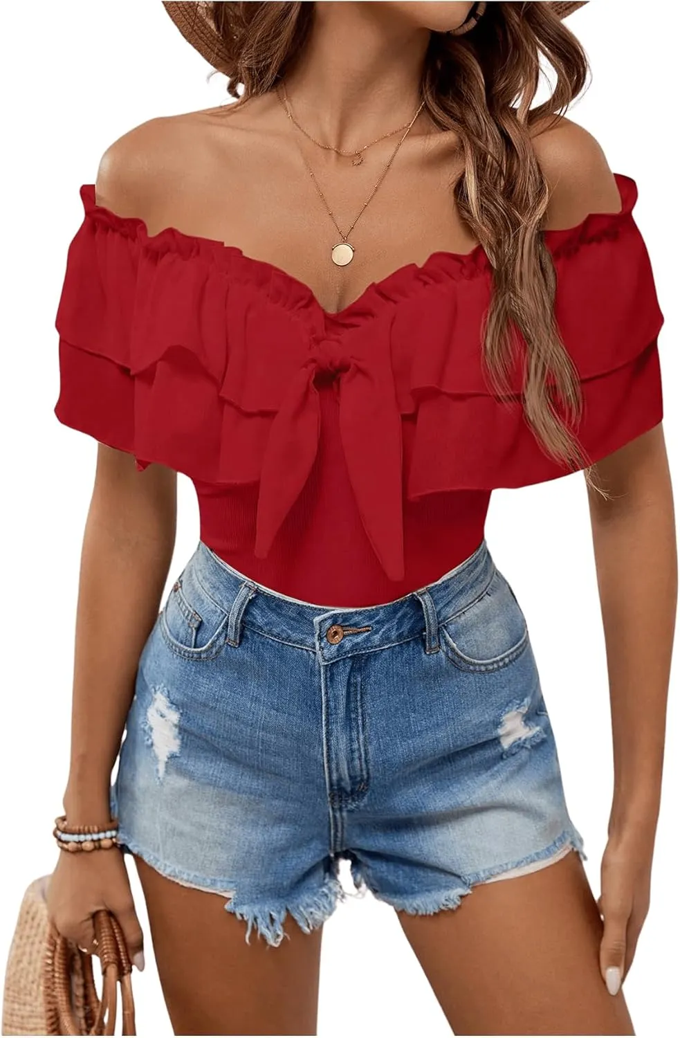 MakeMeChic Women's Off The Shoulder Tops Short Sleeve Tie Front Ruffle Layer Tee Shirts Blouse