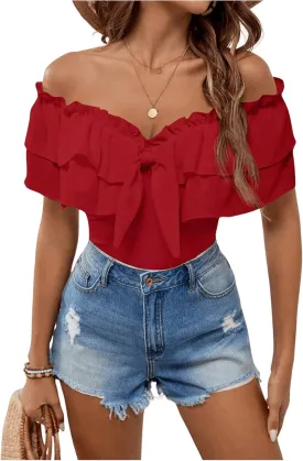 MakeMeChic Women's Off The Shoulder Tops Short Sleeve Tie Front Ruffle Layer Tee Shirts Blouse