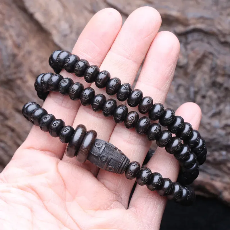 Natural Ebony Tibetan Buddhist Sutra Round Six-character Truth Words 6mmx8mm 108 Beads MALA Necklace