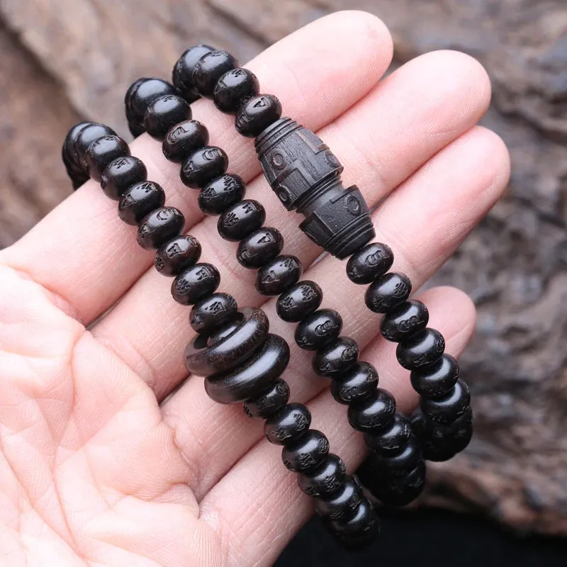 Natural Ebony Tibetan Buddhist Sutra Round Six-character Truth Words 6mmx8mm 108 Beads MALA Necklace