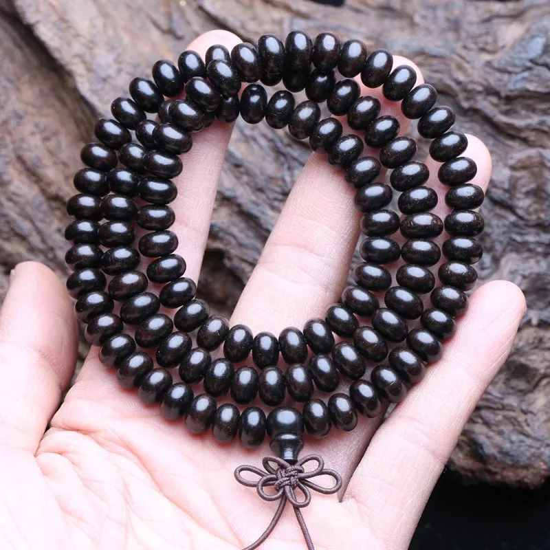 Natural Ebony Tibetan Buddhist Sutra Round Six-character Truth Words 6mmx8mm 108 Beads MALA Necklace