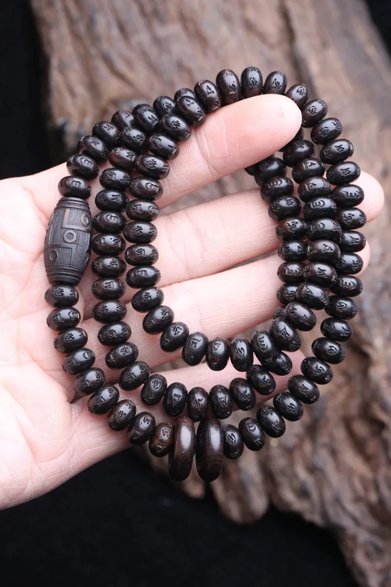 Natural Ebony Tibetan Buddhist Sutra Round Six-character Truth Words 6mmx8mm 108 Beads MALA Necklace