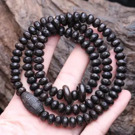 Natural Ebony Tibetan Buddhist Sutra Round Six-character Truth Words 6mmx8mm 108 Beads MALA Necklace