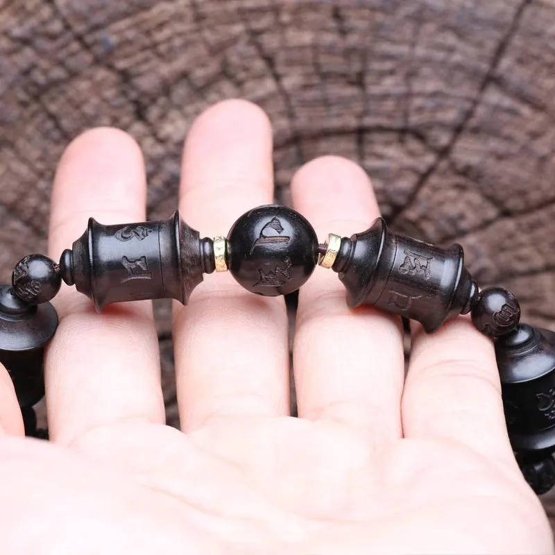 Natural Ebony Tibetan Prayer Wheel Handmade Bracelet Wooden Beads Six-Character Mantra Gift