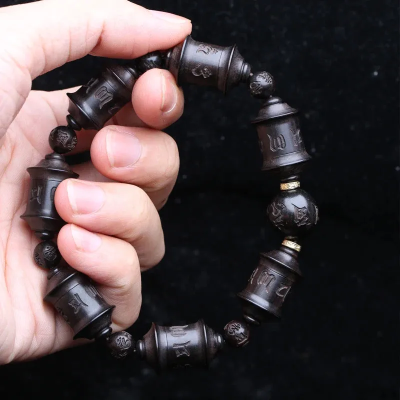 Natural Ebony Tibetan Prayer Wheel Handmade Bracelet Wooden Beads Six-Character Mantra Gift