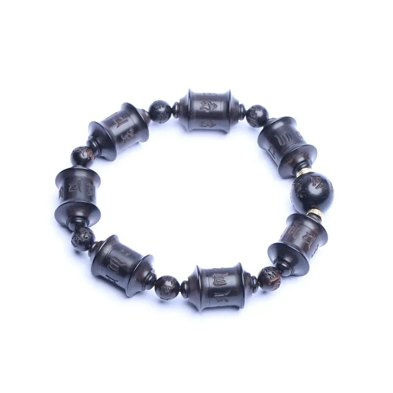 Natural Ebony Tibetan Prayer Wheel Handmade Bracelet Wooden Beads Six-Character Mantra Gift