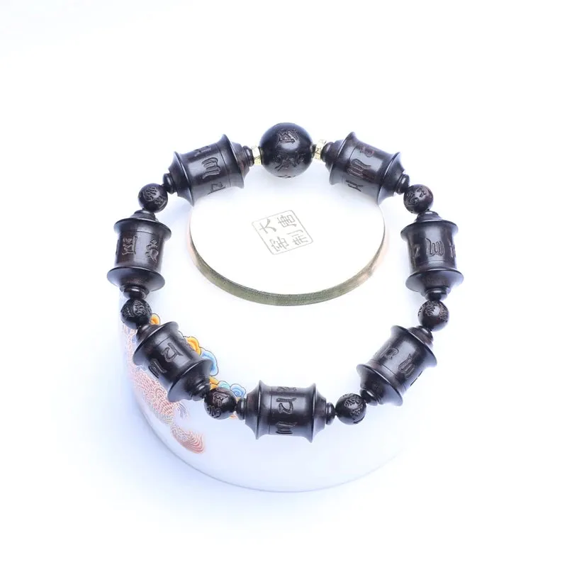 Natural Ebony Tibetan Prayer Wheel Handmade Bracelet Wooden Beads Six-Character Mantra Gift