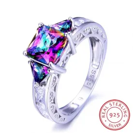 Natural Mystic Fire Topaz Solid Ring 925 Sterling Silver Women Square Rainbow Jewelry