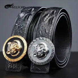 New crocodile leather men's genuine tiger head belt