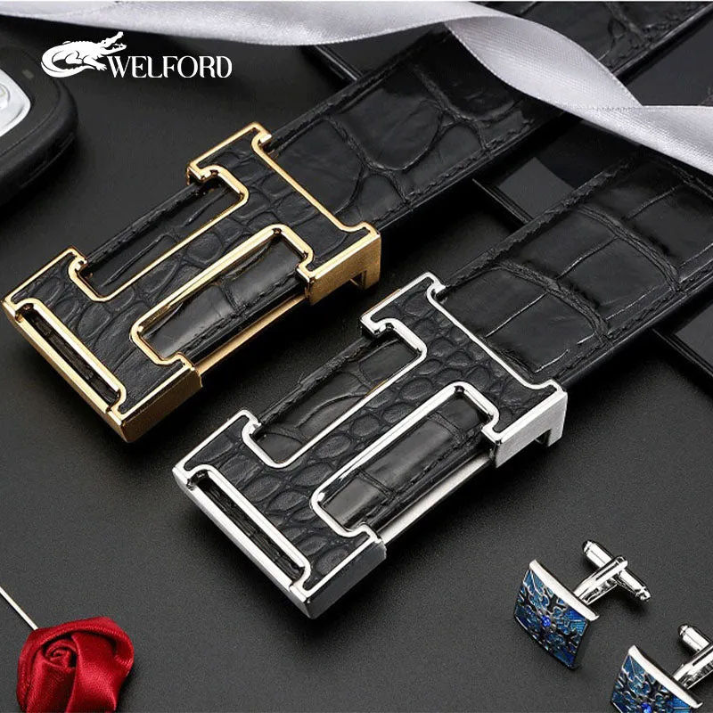 New men's smooth buckle crocodile leather belt