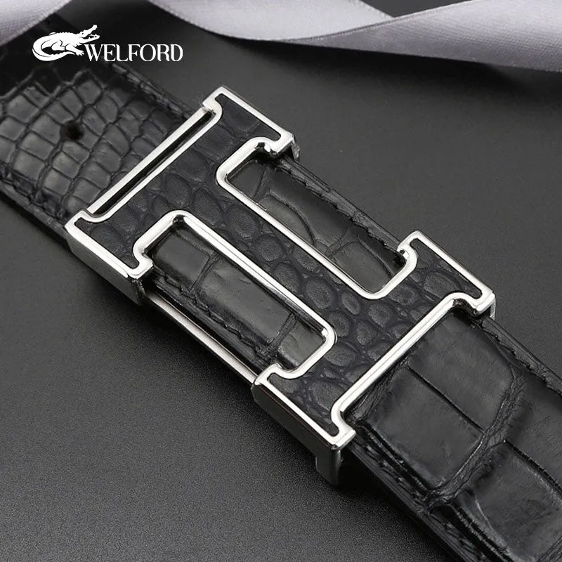 New men's smooth buckle crocodile leather belt