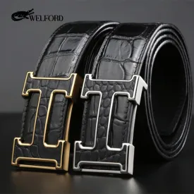 New men's smooth buckle crocodile leather belt