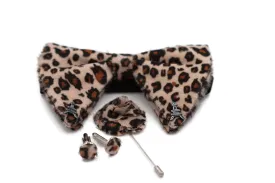 Paris Leopard Print Velvet Oversized bow tie lapel flower pin cufflinks set