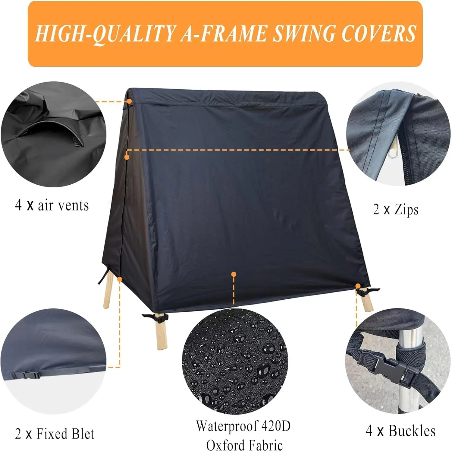 Patio Swing Cover A-Frame Swing Covers Waterproof 3 Seat UV Resistant Weather Protector for Outdoor Courtyard Patio Furniture Black