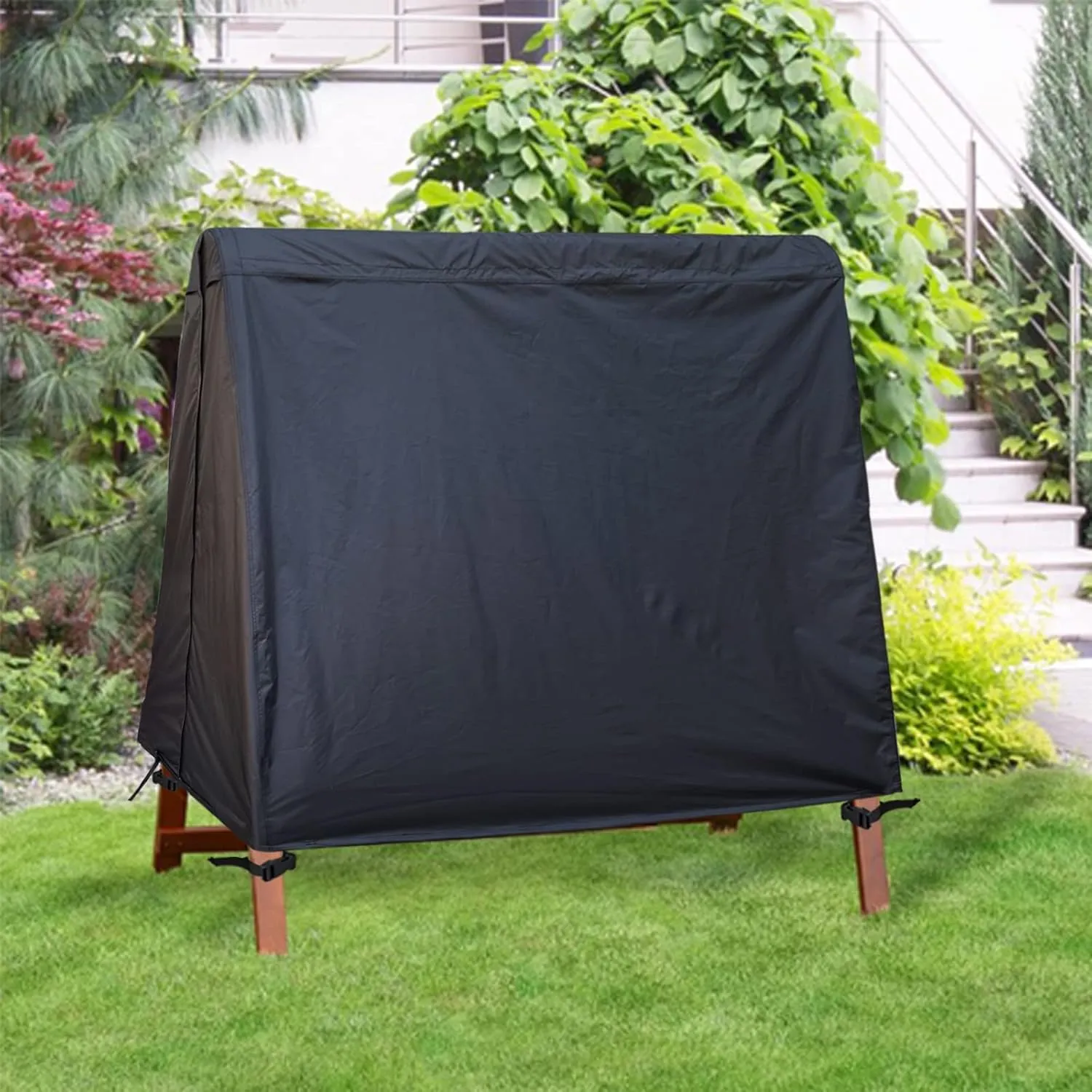 Patio Swing Cover A-Frame Swing Covers Waterproof 3 Seat UV Resistant Weather Protector for Outdoor Courtyard Patio Furniture Black