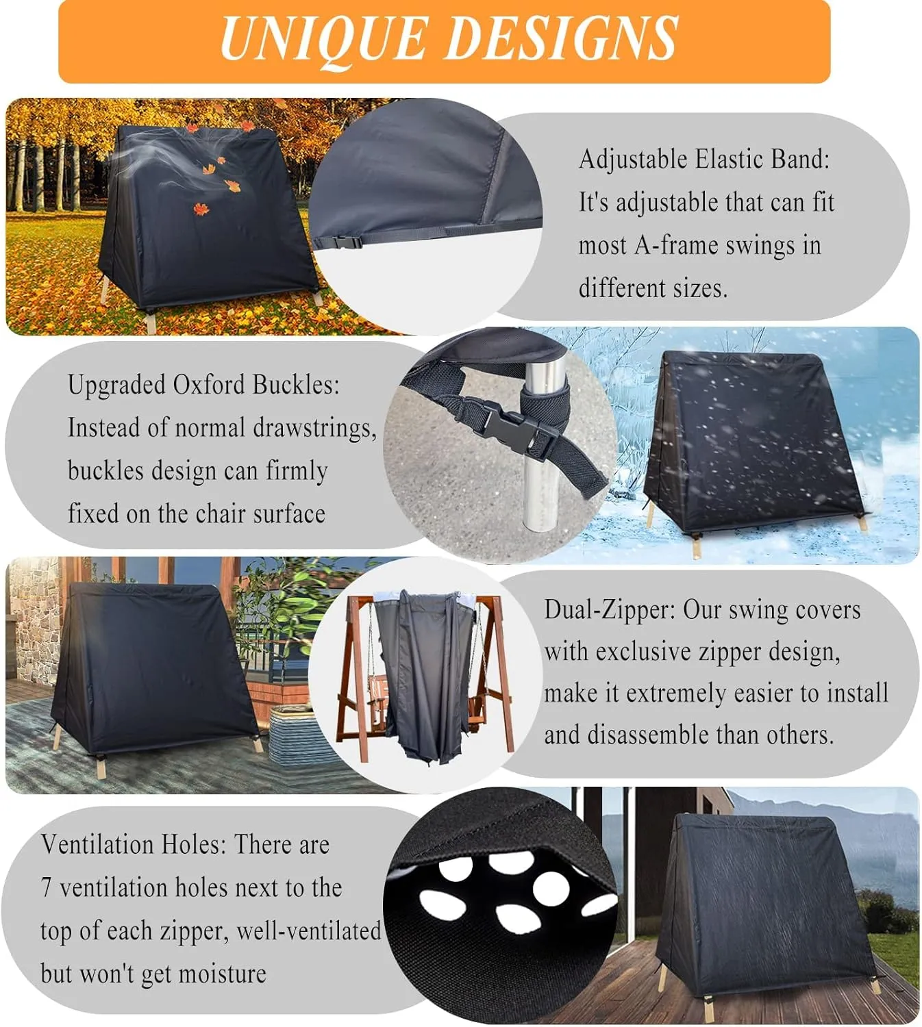 Patio Swing Cover A-Frame Swing Covers Waterproof 3 Seat UV Resistant Weather Protector for Outdoor Courtyard Patio Furniture Black