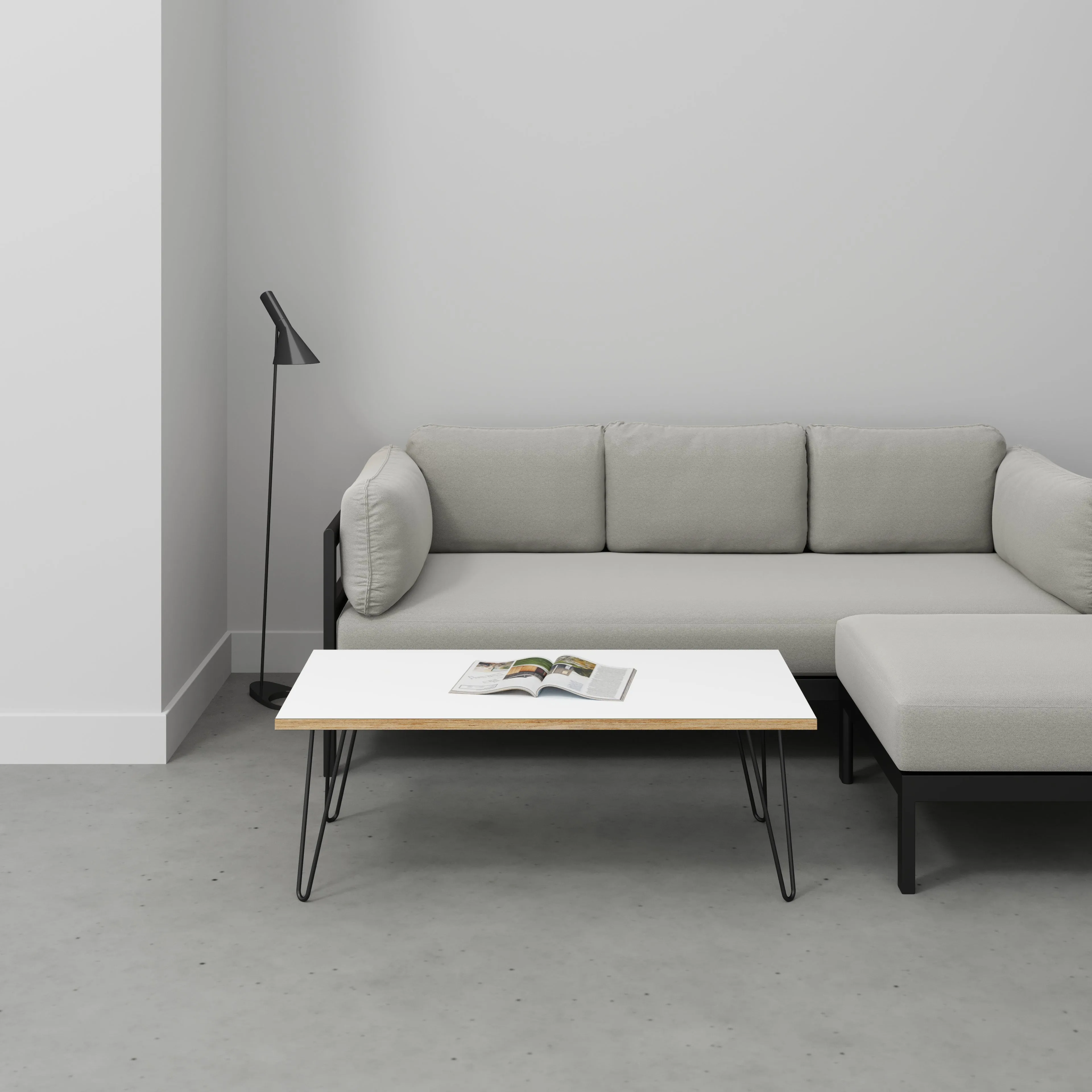 Plywood Coffee Table with Black Hairpin Legs - Formica White - 1200(w) x 600(d) x 425(h)