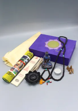 Prayer Flags, Mala and Statue Buddhist Travel Altar Box