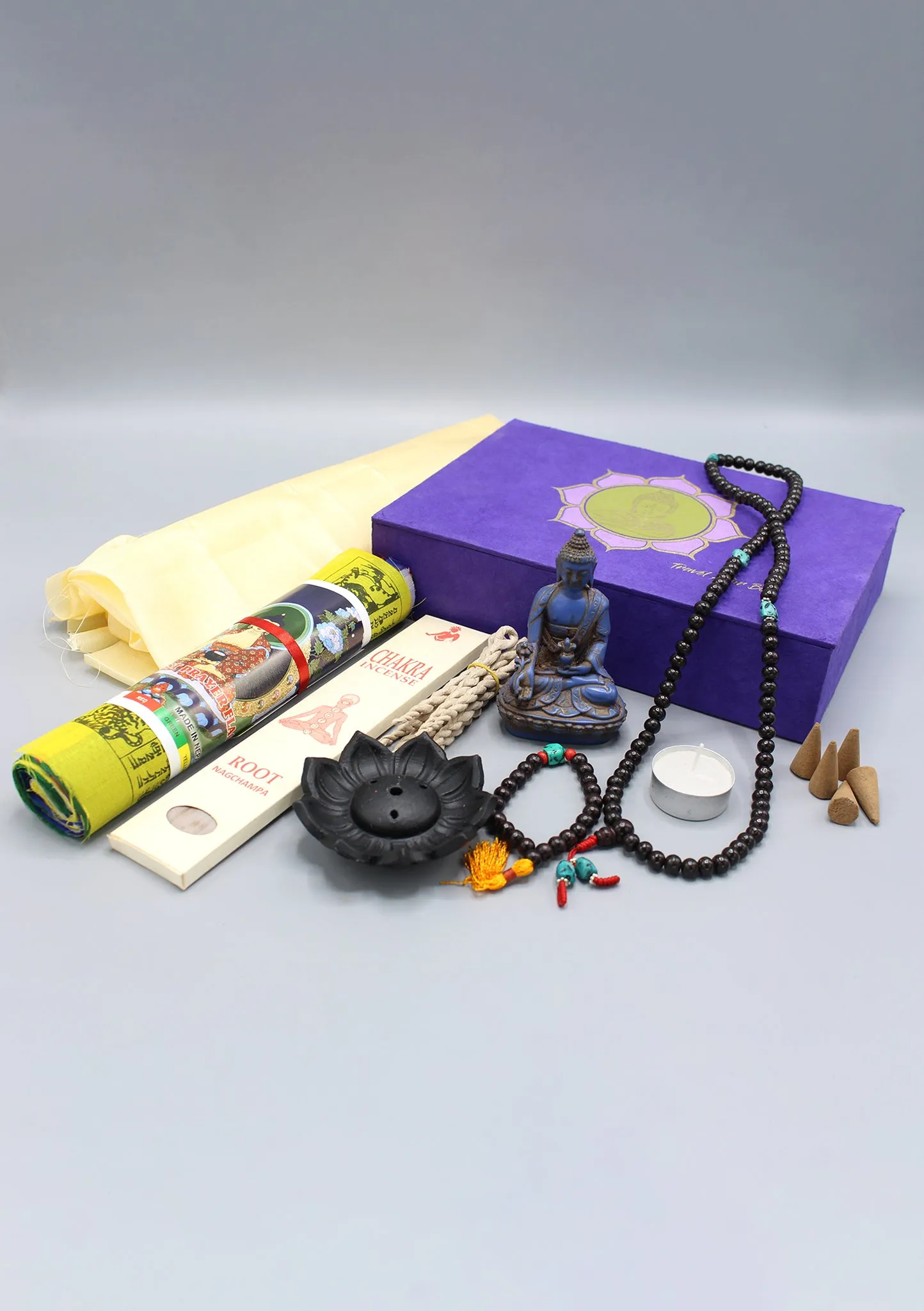 Prayer Flags, Mala and Statue Buddhist Travel Altar Box